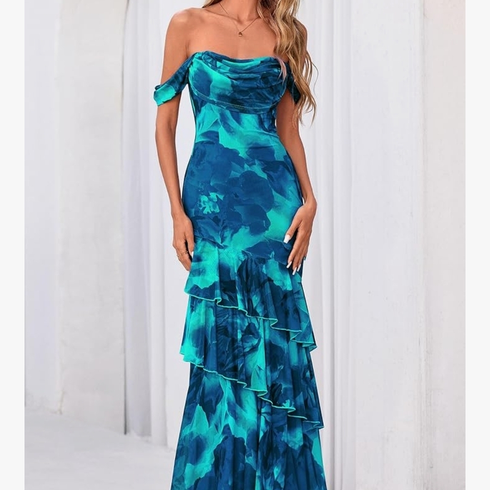 Teal Blue Off-Shoulder Ruffle Maxi Dress
